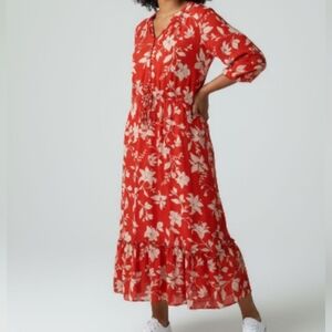 Croft And Barrow Red with White Lily Print Maxi  Ruffle Hem Dress 1X
